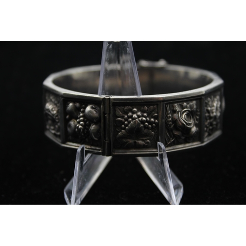 156 - A Vintage Silver Floral And Fruit Design Bangle (42g)