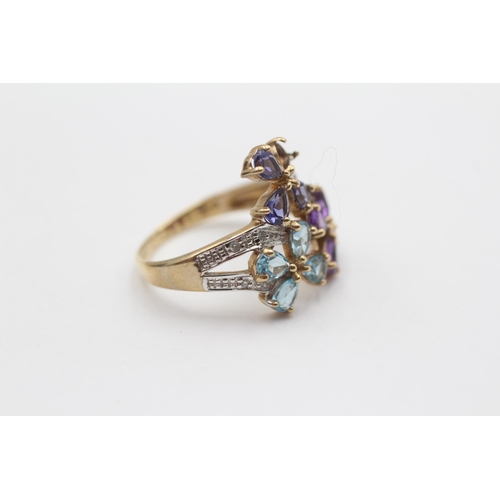 16 - 9ct Gold Multi-Gemstone Floral Ring Inc. Diamond, Topaz, Amethyst & Iolite - As Seen (3.3g) Size N