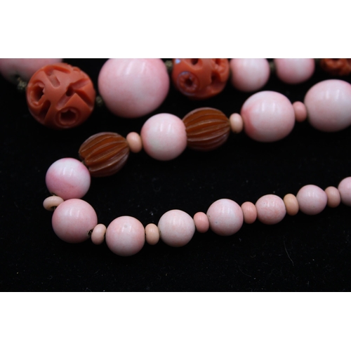 164 - Two 1930s Glass And Early Plastic Carved Galalith Carved Bead Necklaces (189g)