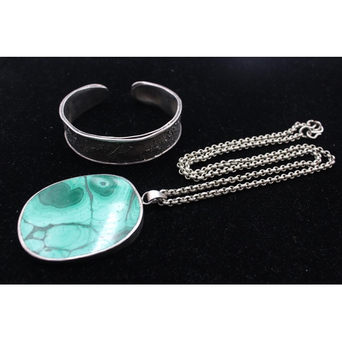 166 - A Modernist Silver Textured Bangle And A Malachite Pendant Necklace (130g)