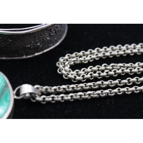 166 - A Modernist Silver Textured Bangle And A Malachite Pendant Necklace (130g)