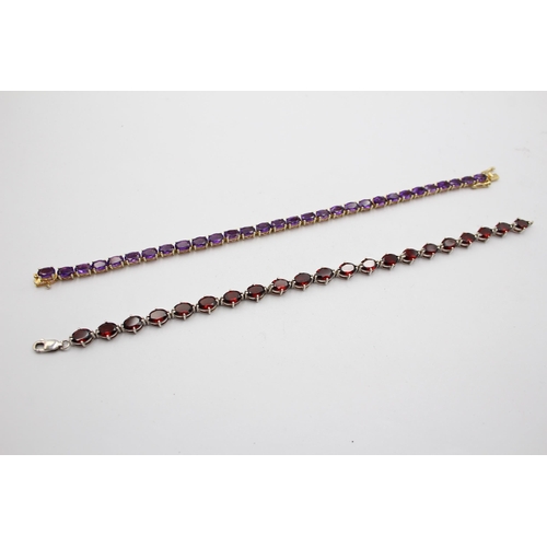 171 - Two Silver Amethyst And Garnet Set Tennis Bracelets, Boxed (20g)