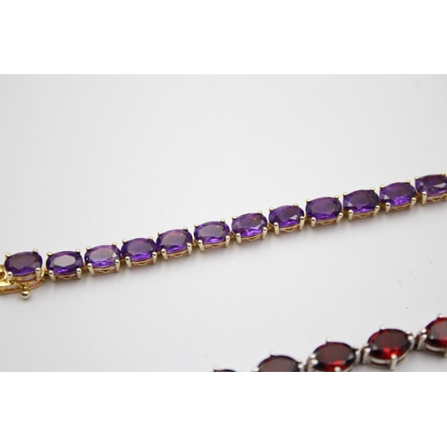 171 - Two Silver Amethyst And Garnet Set Tennis Bracelets, Boxed (20g)