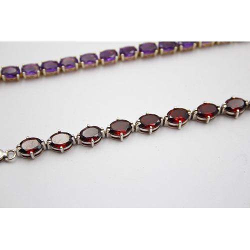 171 - Two Silver Amethyst And Garnet Set Tennis Bracelets, Boxed (20g)