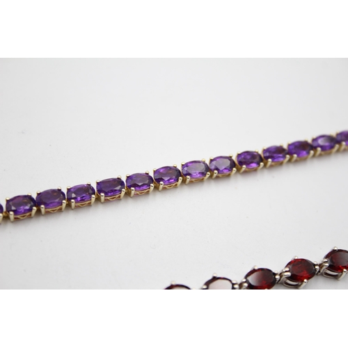 171 - Two Silver Amethyst And Garnet Set Tennis Bracelets, Boxed (20g)