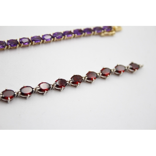 171 - Two Silver Amethyst And Garnet Set Tennis Bracelets, Boxed (20g)