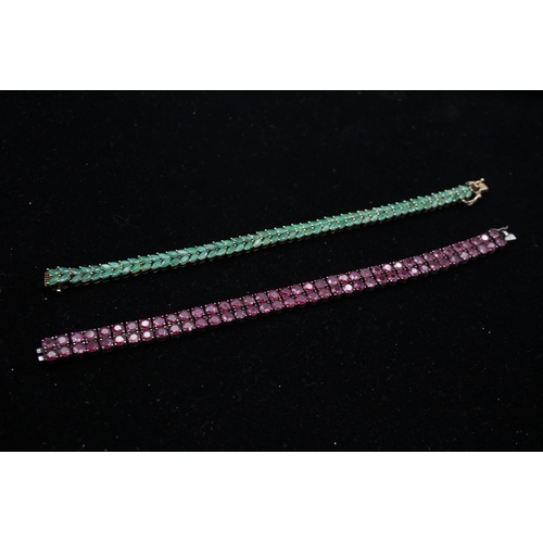 185 - Two Silver Ruby And Emerald Set Tennis Bracelets (45g)