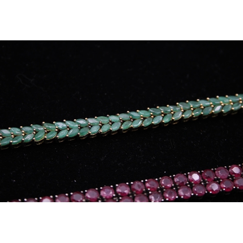 185 - Two Silver Ruby And Emerald Set Tennis Bracelets (45g)