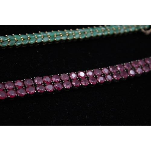 185 - Two Silver Ruby And Emerald Set Tennis Bracelets (45g)