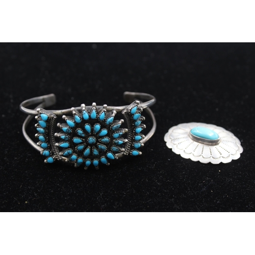 189 - Two Silver Gemstone Set Jewellery Pieces Including A Brooch By Navajo Designer Leonard Martza (42g)