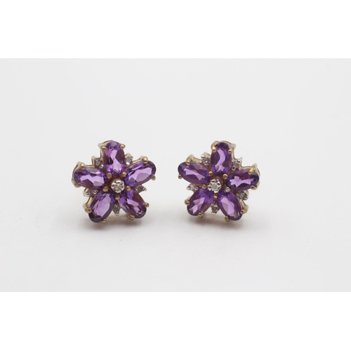 29 - 9ct Gold Diamond & Amethyst Floral Cluster Stud Earrings (2.6g)