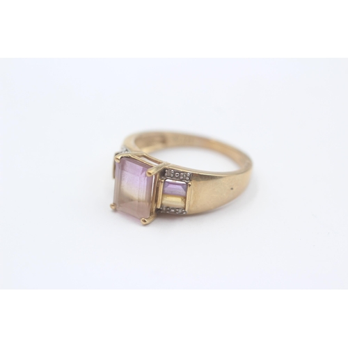47 - 9ct Gold Ametrine Three Stone Ring With Diamond Accents (3.6g) Size O