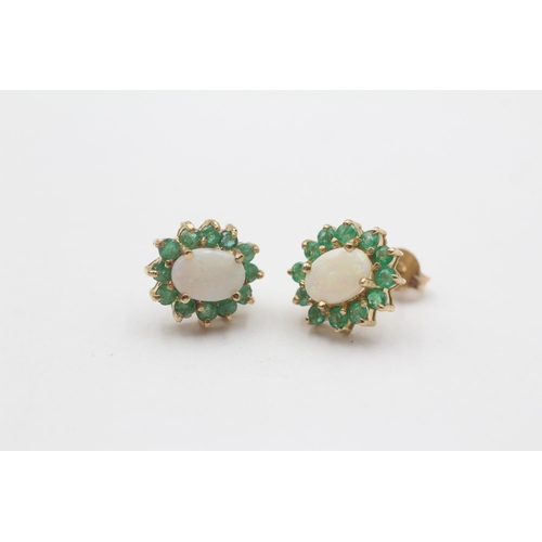 63 - 9ct Gold White Opal & Emerald Cluster Stud Earrings (1.8g)