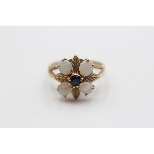 75 - 9ct Gold White Opal & Sapphire Floral Cluster Ring (3.5g) Size M