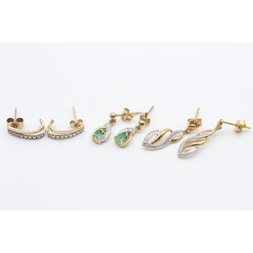 87 - 3 X 9ct Gold Diamond & Emerald Drop Earrings (3.5g)