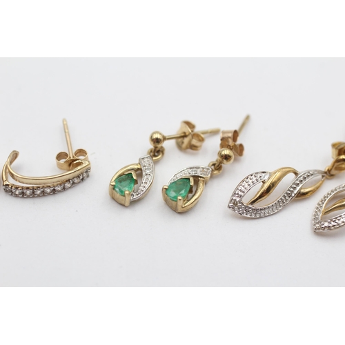 87 - 3 X 9ct Gold Diamond & Emerald Drop Earrings (3.5g)