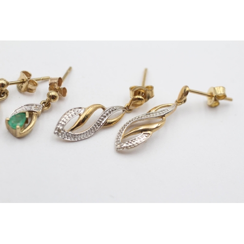 87 - 3 X 9ct Gold Diamond & Emerald Drop Earrings (3.5g)