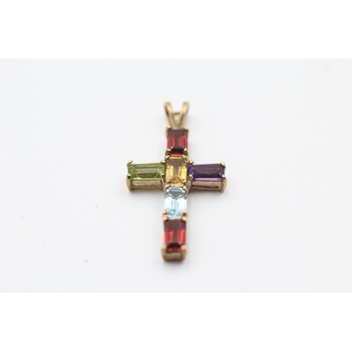 90 - 9ct Gold Multi-Gemstone Cross Pendant Set With Peridot, Garnet, Citrine, Topaz & Amethyst (1.4g)