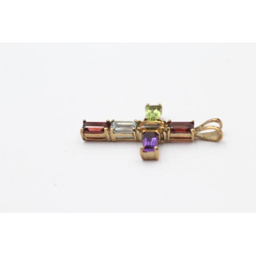 90 - 9ct Gold Multi-Gemstone Cross Pendant Set With Peridot, Garnet, Citrine, Topaz & Amethyst (1.4g)