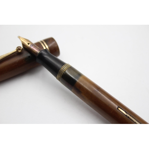 258 - Vintage MABIE TODD Swan Self Filler Brown FOUNTAIN PEN w/ 14ct Gold Nib WRITING