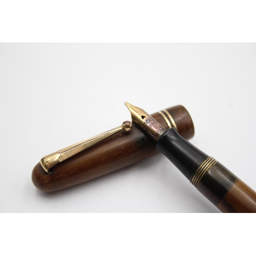 258 - Vintage MABIE TODD Swan Self Filler Brown FOUNTAIN PEN w/ 14ct Gold Nib WRITING