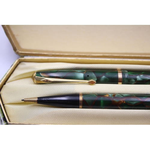 278 - Vintage CONWAY STEWART 12 Green Fountain Pen w/ 14ct Gold Nib, Pencil, Box Etc