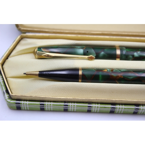 278 - Vintage CONWAY STEWART 12 Green Fountain Pen w/ 14ct Gold Nib, Pencil, Box Etc