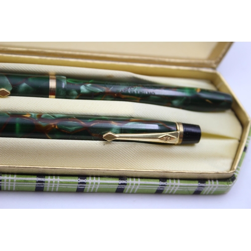 278 - Vintage CONWAY STEWART 12 Green Fountain Pen w/ 14ct Gold Nib, Pencil, Box Etc