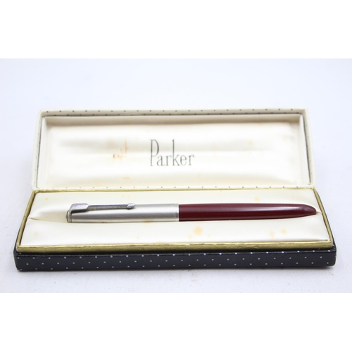 291 - Vintage PARKER 51 Burgundy FOUNTAIN PEN w/ Brushed Steel Cap WRITING Boxed