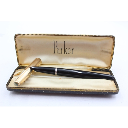 293 - Vintage PARKER 51 Black FOUNTAIN PEN w/ Rolled Gold Cap, Box Etc WRITING