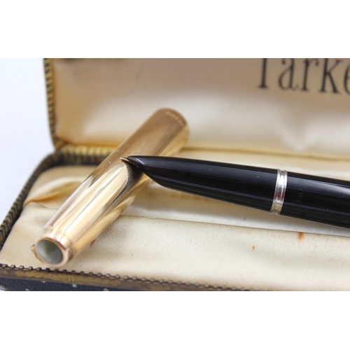 293 - Vintage PARKER 51 Black FOUNTAIN PEN w/ Rolled Gold Cap, Box Etc WRITING