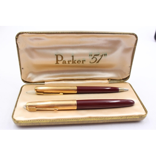 296 - Vintage PARKER 51 Burgundy FOUNTAIN PEN w/ Rolled Gold Cap, Pencil, Original Box