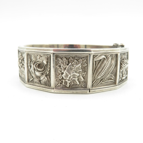 156 - A Vintage Silver Floral And Fruit Design Bangle (42g)