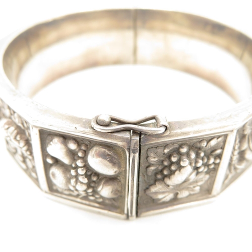 156 - A Vintage Silver Floral And Fruit Design Bangle (42g)