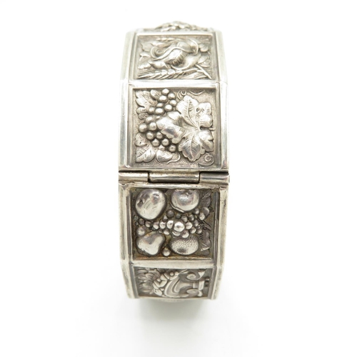 156 - A Vintage Silver Floral And Fruit Design Bangle (42g)