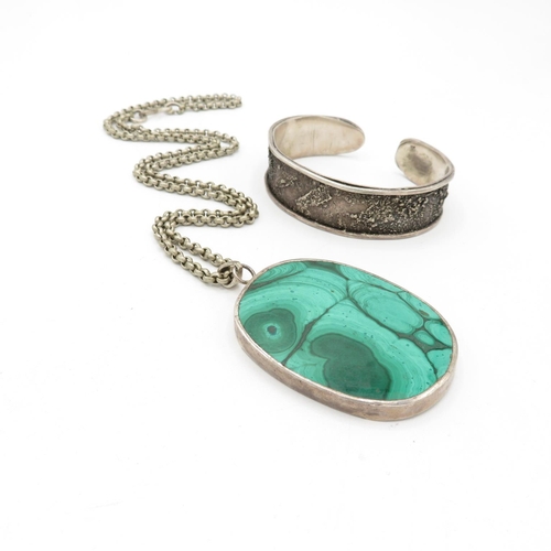 166 - A Modernist Silver Textured Bangle And A Malachite Pendant Necklace (130g)