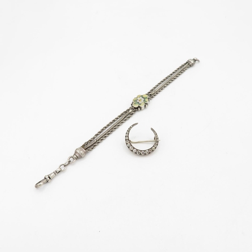 188 - A Victorian Silver Enamel Albertina Bracelet Conversion And A Crescent Moon Paste Brooch (20g)