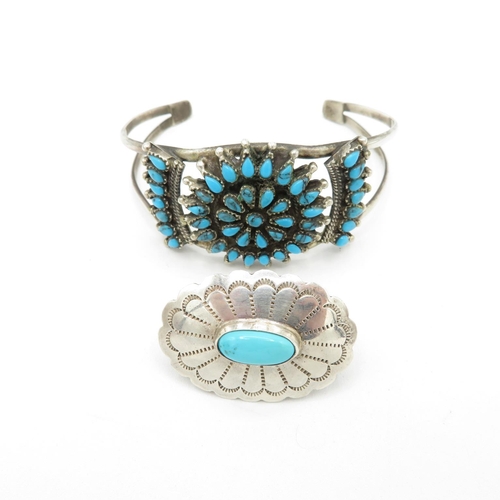 189 - Two Silver Gemstone Set Jewellery Pieces Including A Brooch By Navajo Designer Leonard Martza (42g)