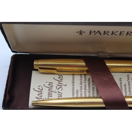 271 - Vintage PARKER 75 Gold Plated Fountain Pen w/ 14ct Gold Nib, Ballpoint, Box Etc