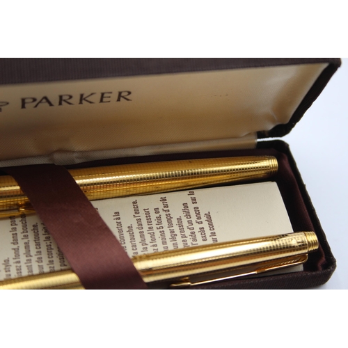 271 - Vintage PARKER 75 Gold Plated Fountain Pen w/ 14ct Gold Nib, Ballpoint, Box Etc