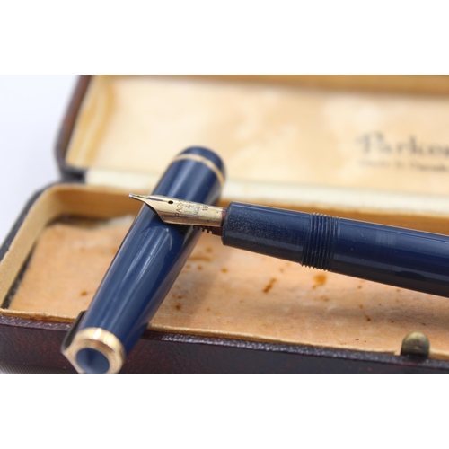 272 - Vintage PARKER Victory Navy FOUNTAIN PEN w/ Gold Plate Nib WRITING Boxed