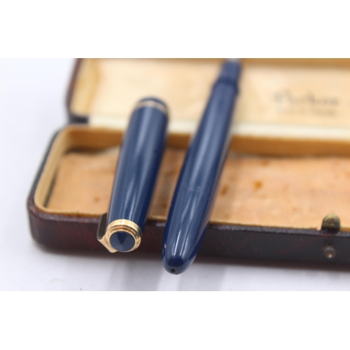 272 - Vintage PARKER Victory Navy FOUNTAIN PEN w/ Gold Plate Nib WRITING Boxed