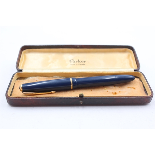 272 - Vintage PARKER Victory Navy FOUNTAIN PEN w/ Gold Plate Nib WRITING Boxed