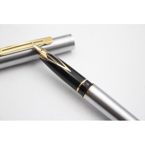 282 - Vintage SHEAFFER Targa Brushed Steel Fountain Pen w/ 14ct Gold Nib WRITING Boxed