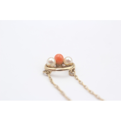 1 - 9ct Gold Cultured Pearl & Coral Pendant Necklace (1.5g)
