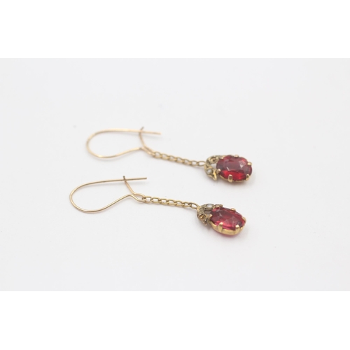 107 - 9ct Gold Seed Pearl & Garnet Topped Double Drop Earrings - As Seen (0.9g)