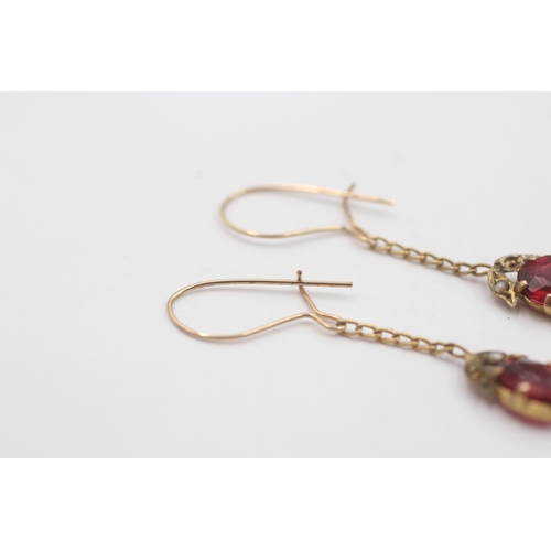 107 - 9ct Gold Seed Pearl & Garnet Topped Double Drop Earrings - As Seen (0.9g)