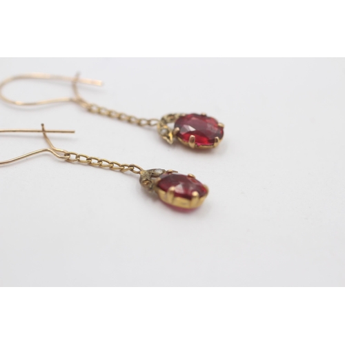 107 - 9ct Gold Seed Pearl & Garnet Topped Double Drop Earrings - As Seen (0.9g)