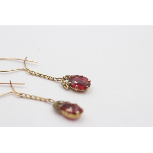 107 - 9ct Gold Seed Pearl & Garnet Topped Double Drop Earrings - As Seen (0.9g)