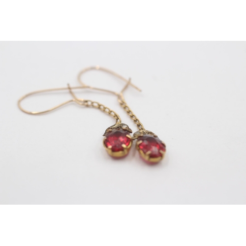 107 - 9ct Gold Seed Pearl & Garnet Topped Double Drop Earrings - As Seen (0.9g)